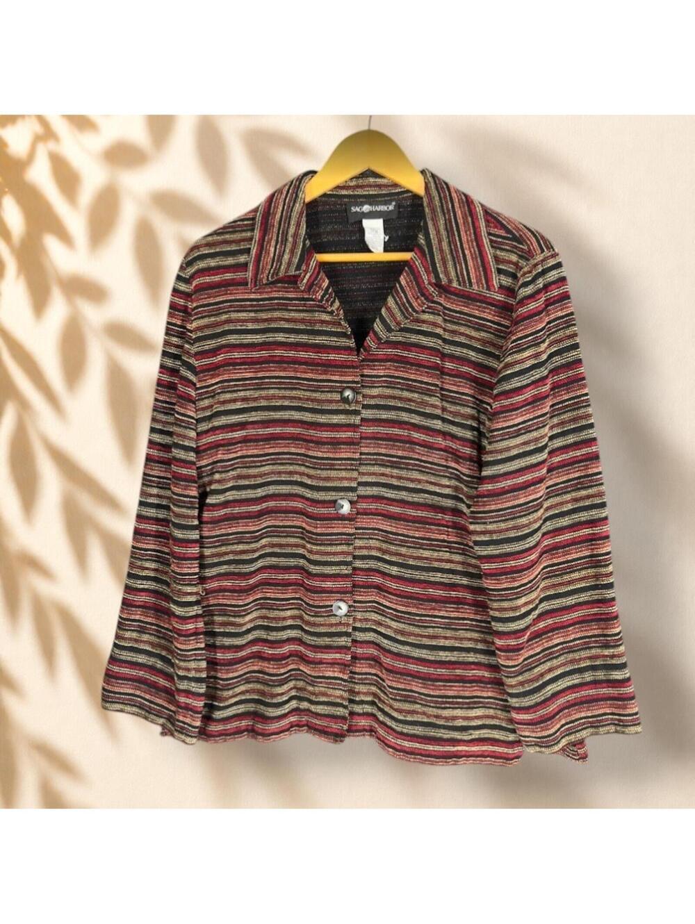 Sag Harbor Cardigan Women 14 Red Striped Button Front Collared Long Sleeve Knit